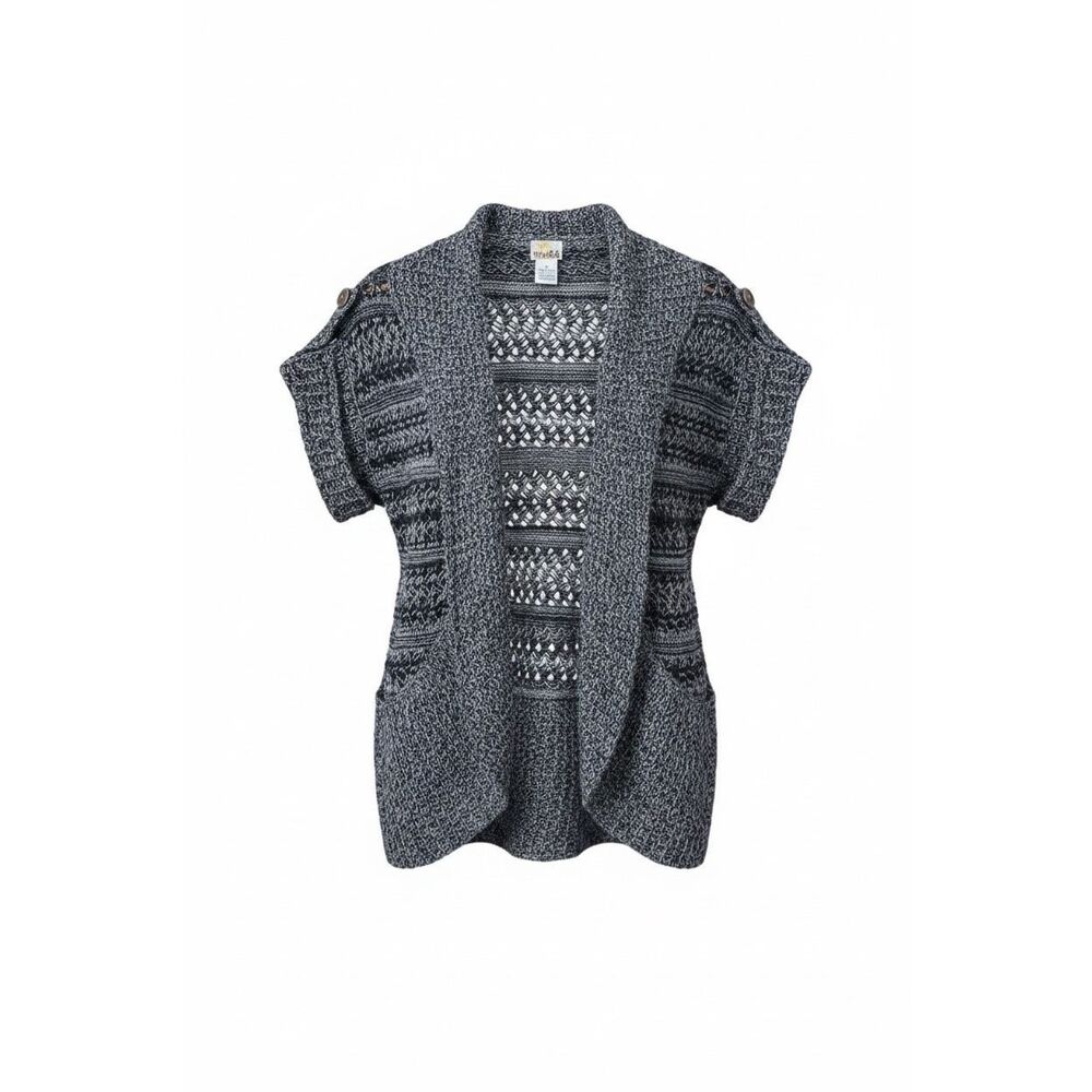 Mudd Knit Open Front‎ Collared Short Sleeve Cardigan Sweater Gray Black Small